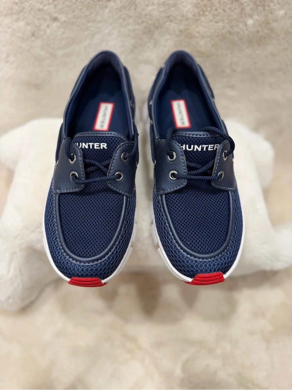 Hunter women’s Navy and Red Mesh Boat Shoes
